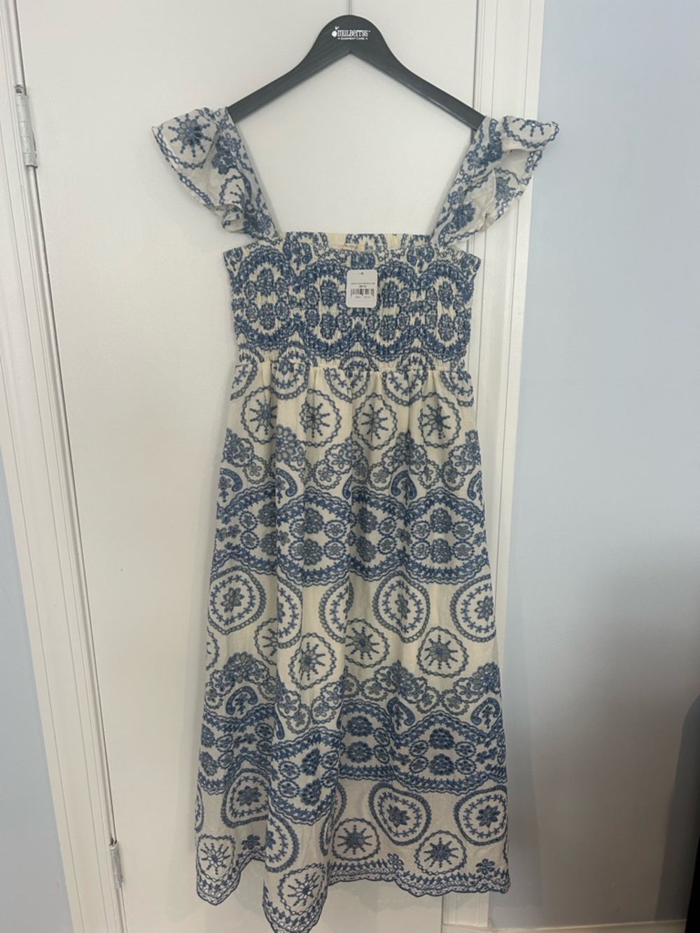 The Lucky Knot Blue and White Eyelet Smocked Midi Dress with Ruffle Straps